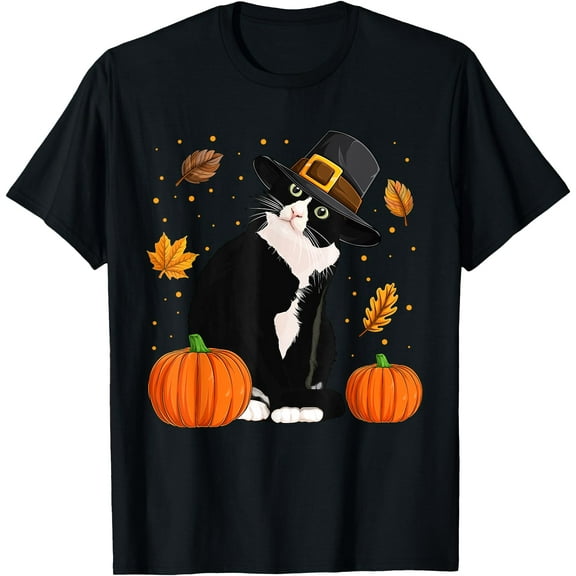 Pilgrim Turkey Cat Shirts, Men Women Thanksgiving Cat Lovers T-Shirt,Top Tees,Black