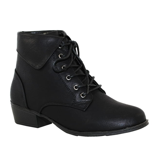 TOP Moda EC89 Bottines à Talon Bas Épais à Lacets pour Femmes (7.5, Noir)