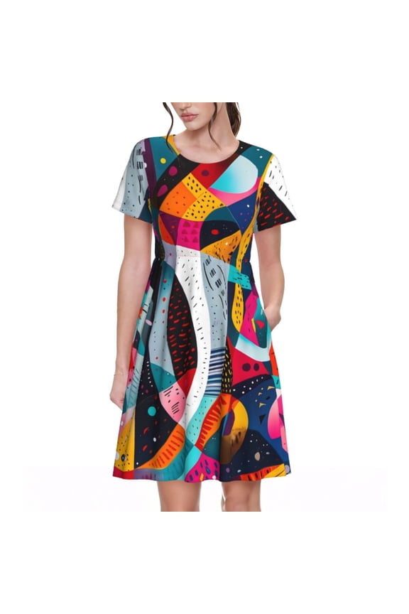 Abstract Jazz Instrumental Print Womens Summer Dress,Casual Short Sleeve Sundresses,Beach A-line Shift Dress with Pockets
