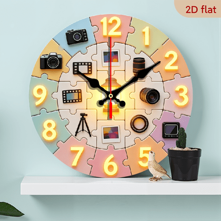 A 10-inch 2D flat wooden round wall clock, themed camera puzzle. Suitable for bedroom, living room, office decoration. Can be a Mother's Day gift.