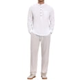 thumbnail image 2 of INSPIRE CHIC Men's Cotton Linen Henley Shirts Long Sleeve Band Collar Casual Top M White, 2 of 6