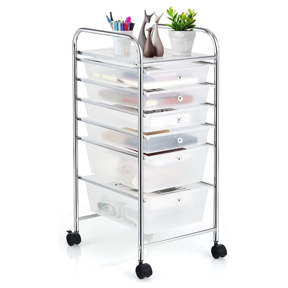 Rolling Cart with Storage Drawers, Utility Cart with Removable Plastic Drawers, Lockable Wheels, Art Cart for Classroom Organization Art Supplies Office Scrapbook (6 Drawers, Transparent)
