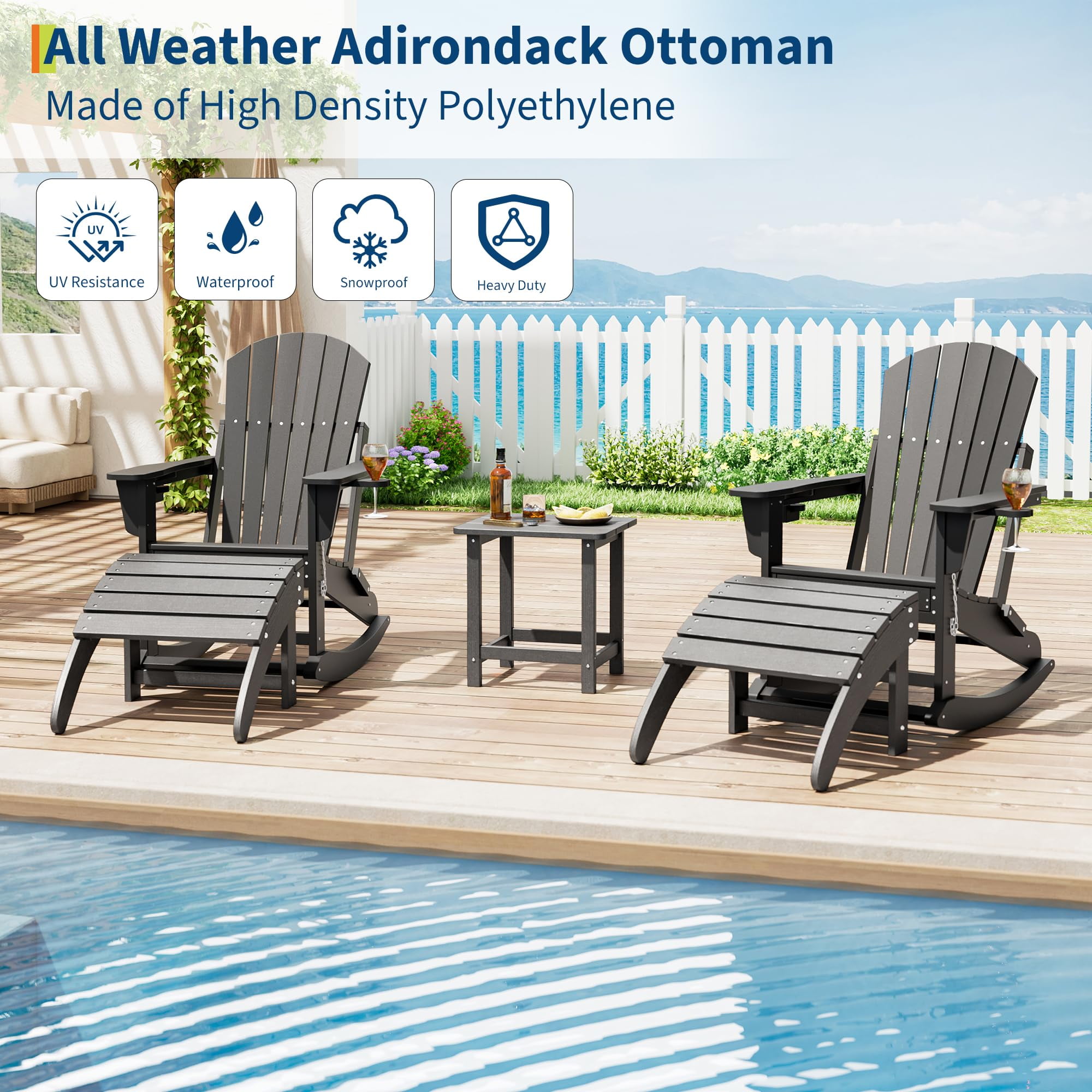 4 Pack Ottoman for Adirondack Chair, Weather Resistance HDPE Adirondack Ottoman Footrest for Outside, Porch, Pool, Lawn, Backyard, Dark Gray