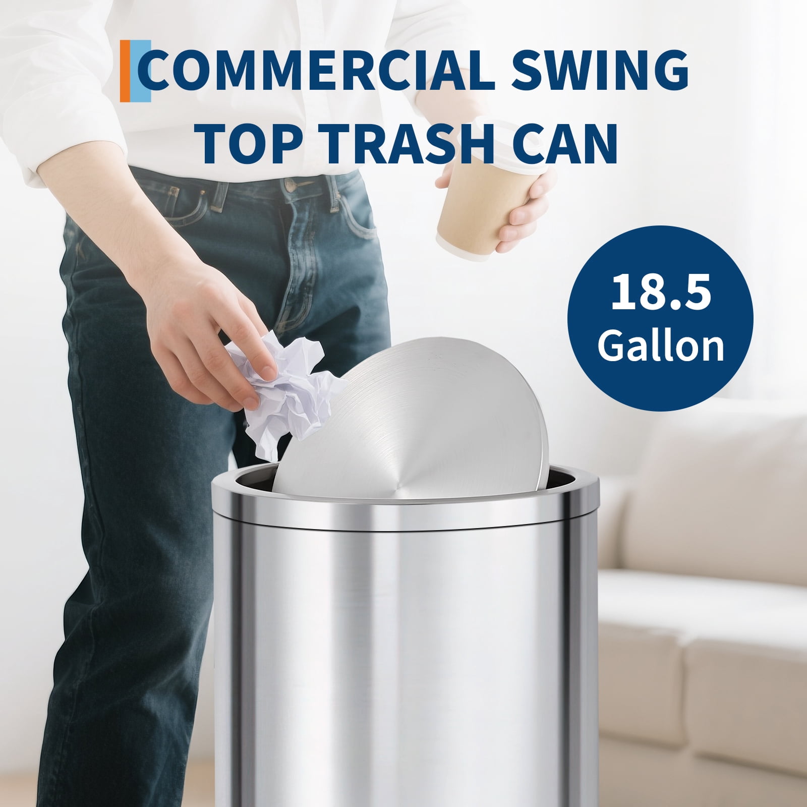 18.5 Gallon Swing Top Trash Can, Stainless Steel Kitchen & Commercial Garbage Bin for Kitchen, Bathroom, Home Office