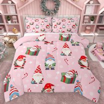 Homewish Christmas Cute Gnome Bedding Comforter Set,Sweet Candy Cane Twin Comforter Sets,Pink Red Green Bedding Set For Girls Kids,Microfiber Bedroom Decor Reversible,2-Piece