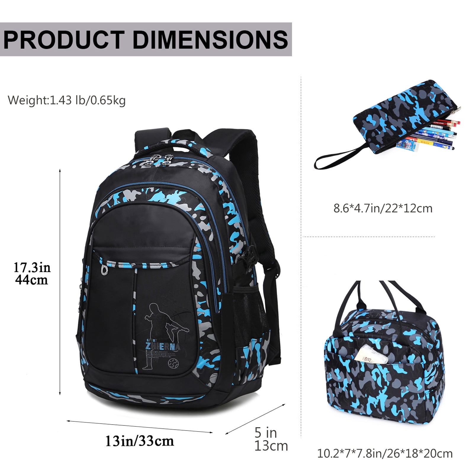 Forestfish Camo Green Backpack Set for Teen with Lunch Bag and Pencil Case Water Resistant Lightweight Large Bookbag