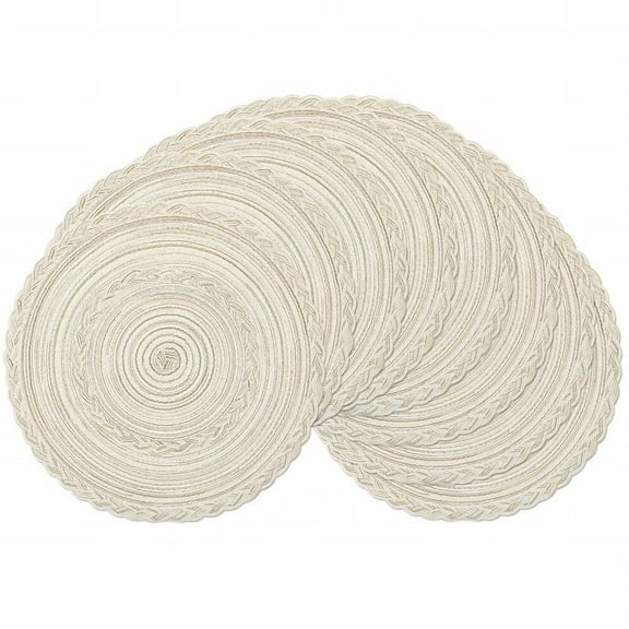 Boho Round Placemats Set of 8 Braided Border Round Place Mats 15 inch Washable Dining Table Mats for Home Wedding Holiday Party (Ivory Bordered,8)
