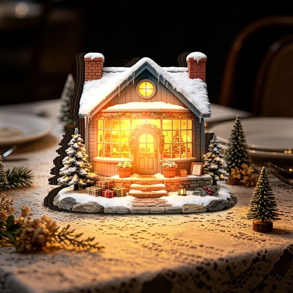 Trovenix Christmas Village House LED Lighted Wooden Figurines 4 Styles Light Up Cottage Tabletop Decor for Mantel