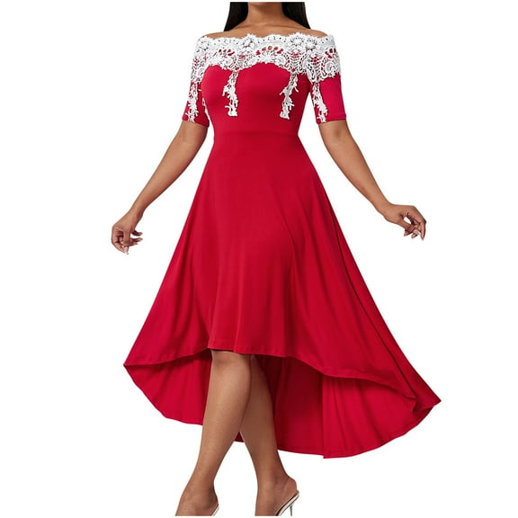 qolati Wedding Guest Dresses for Women 2024 Lace Trim Off Shoulder Short Sleeves High Low Hem Evening Gown Slim Fit Elegant Party Cocktail A Line Curvy Midi Dress