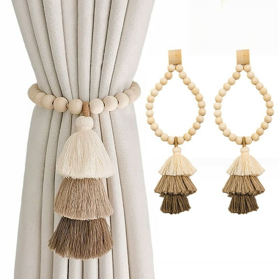 Baywell Curtain Holdbacks Natural Set of 2 Magnetic Curtain tiebacks For Home Office Decoration Wood Bead Curtain Ties Curtain Holders With Rainbow Tassel Pendant Brown