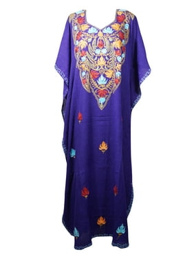 Mogul Women Blue Floral Embellished Caftan Housedress Lounger Resort Wear Dress 3XL