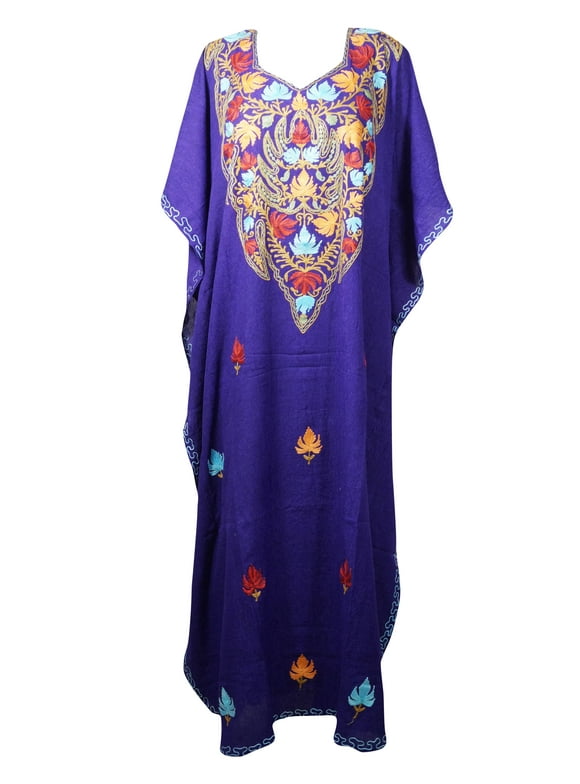 Mogul Women Blue Floral Embellished Caftan Housedress Lounger Resort Wear Dress 3XL