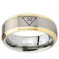 thumbnail image 2 of Tungsten Masonic 32 Triangle Freemason 8mm Brushed Gray Gold Step Edges Men Ring, 2 of 2