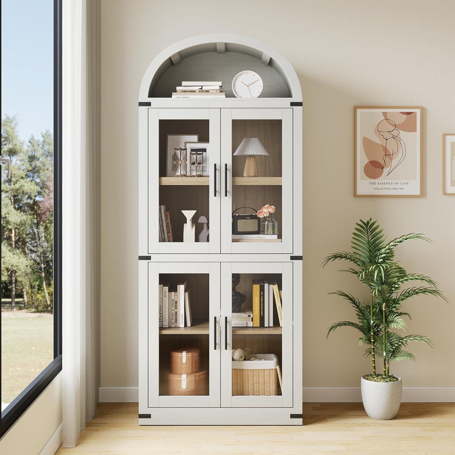 Memoryfield 72" Tall Arched Bookcase with Glass Doors, 5 Tier Display Bookshelf Storage Cabinet, Modern Floor Standing Organizer for Home Office Living Room, White
