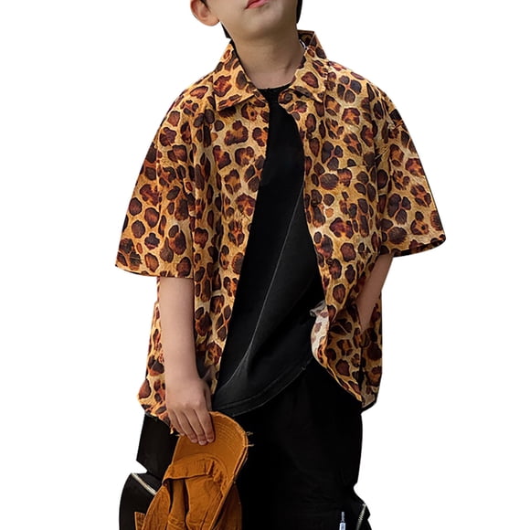 TAIAOJING Boy Girl New Cozy T-Shirts Leopard Printed Elbow-Length Sleeve Turndown Collar Stylish Shirts Button Up Top Slim-Fit Trendy Clothes