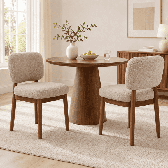 ClinQ Dining Chairs Set of 2, Boucle Upholstered Seat with Wood Legs and Curved Back, Modern Accent Seating for Kitchen, Dining Room, Beige