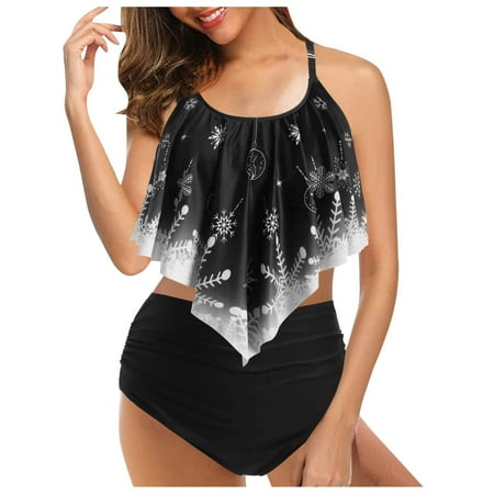 QLEICOM Womens Swimsuits Tummy Control Plus Size Swimsuit Coverup Fashion Sexy Bikini Print Two-Piece Swimwear Swimsuit Beachwear Set Black XXL