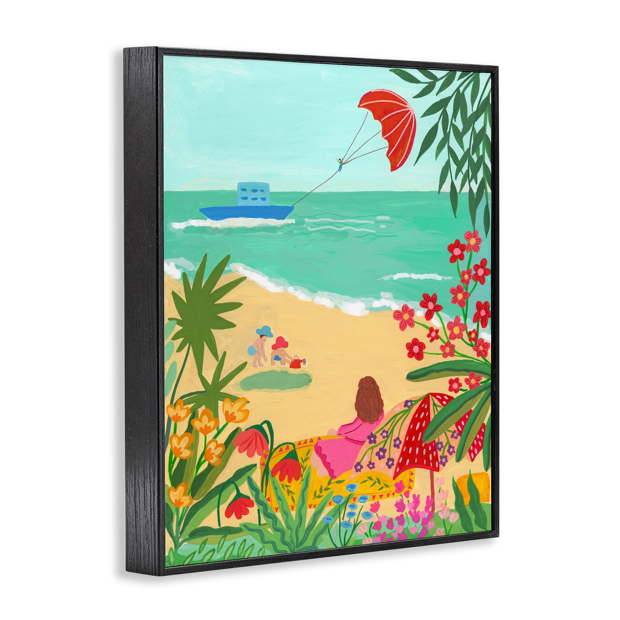 Beach And Flowers View Black Framed Giclee Art, design by Nabeela Rumi