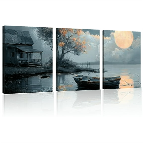 Canvas Wall Art Moonlit lakeside Modern Abstract Paintings Canvsa Wall Decor Framed Picture Artwork for Living Room Bedroom Bathroom Dining Room Kitchen Office High Quality Print 12x16inchx3pcs