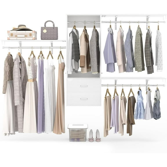 20'' - 96'' Closet System Wall Mounted, iSunirm Clothes Organizer System with 2 Wooden Drawers and 4 Hanging Rods, Wardrobe Closet System for Bedroom/Closet, 96"L x 16"W x 58"H, White