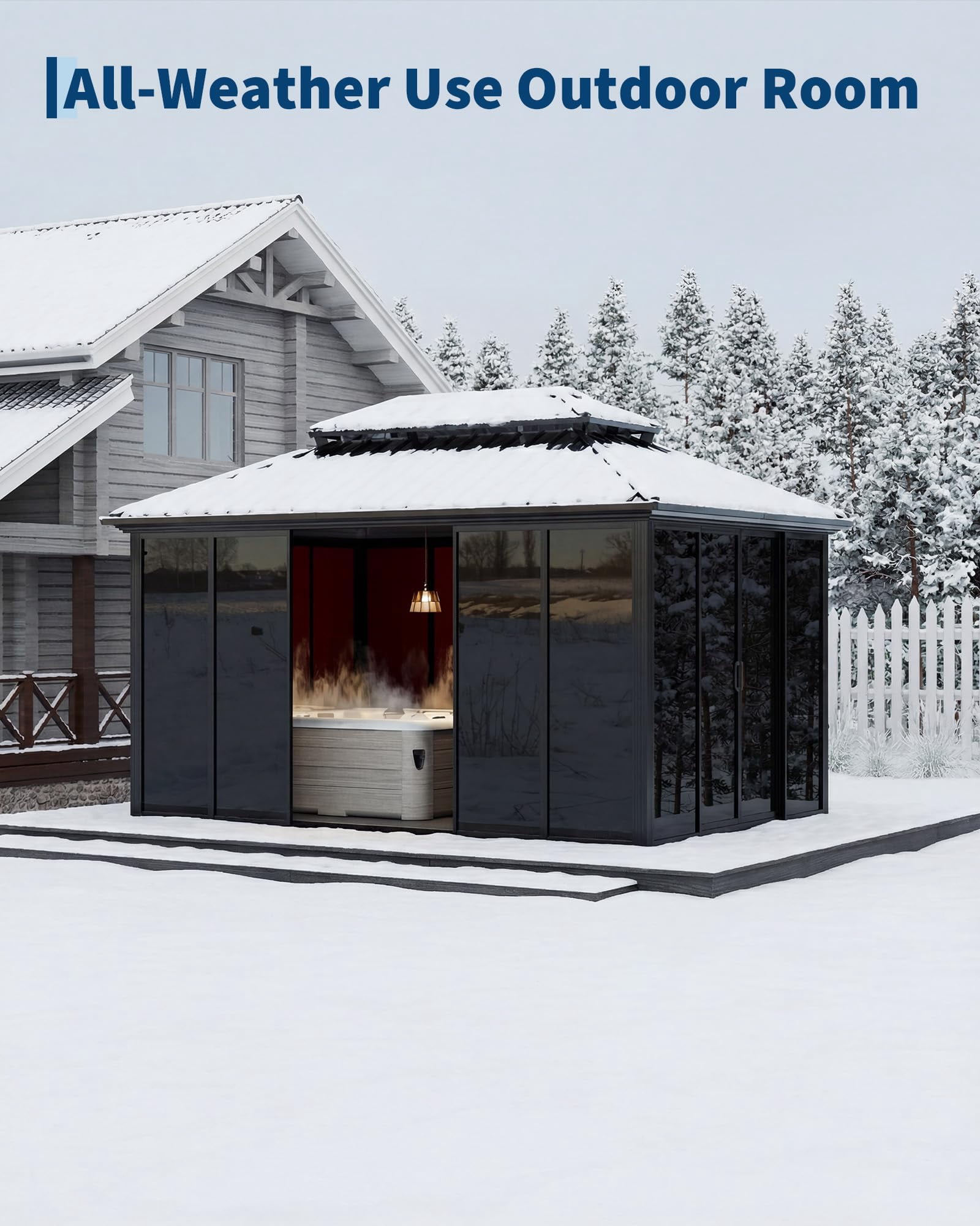 10x14 ft Hardtop Gazebo Sunroom, Aluminum Enclosed Patio Solarium with Polycarbonate Sliding Doors & Double Roof for Deck