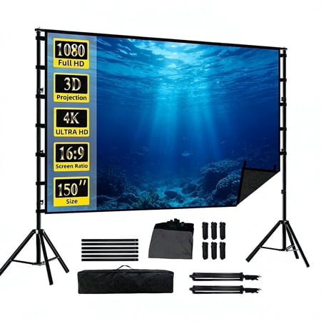 HVKDIEB 150 inch Projector Screen With Stand Soft Grey Wrinkle-Free Anti-Light 160° Viewing Angle Reflective Screen Outdoor