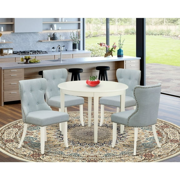 Wooden Dining Table Set - 4 Chairs, Round Table, Linen Fabric, Blue & White Kitchen Dining Room Set