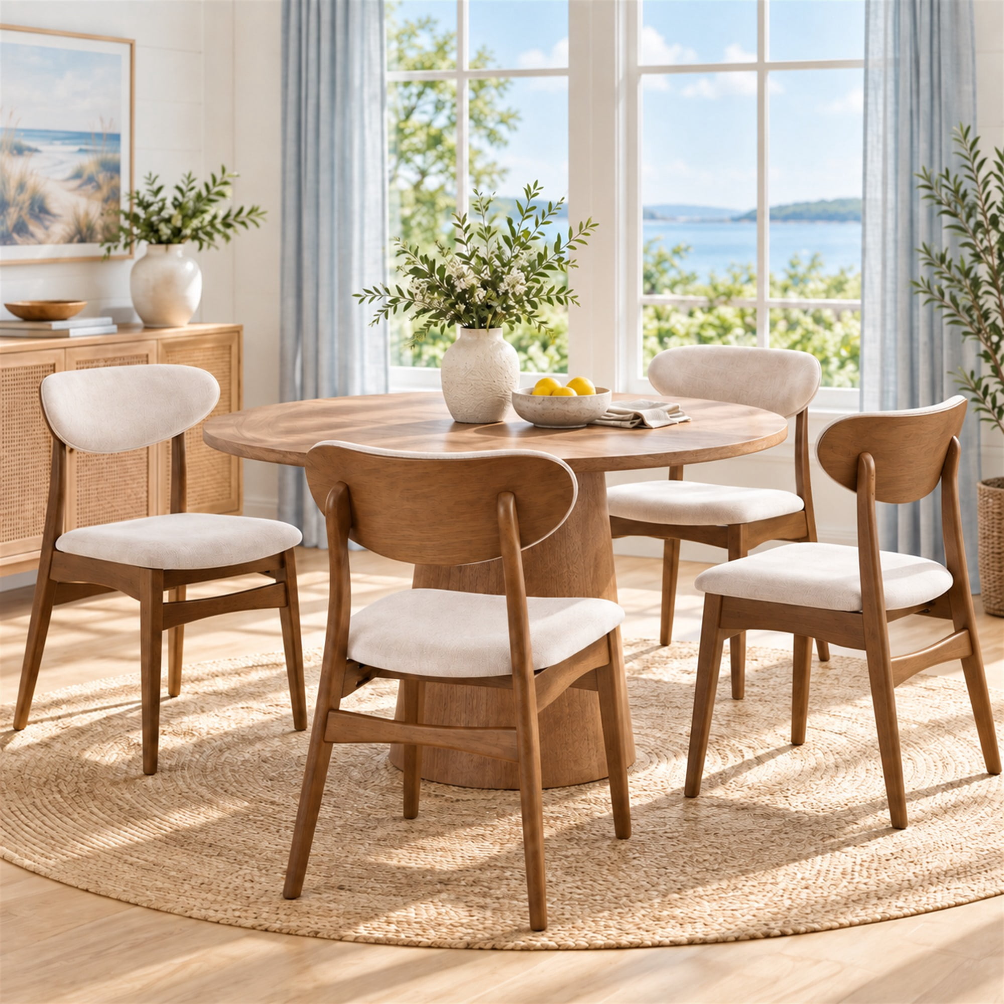 Prilinex Farmhouse Dining Chairs Set of 4, Fabric Upholstered Wooden Dining Chairs with Curved Back & Wood Legs, Mid-Century Kitchen Chairs for Dining Room Restaurant, Beige