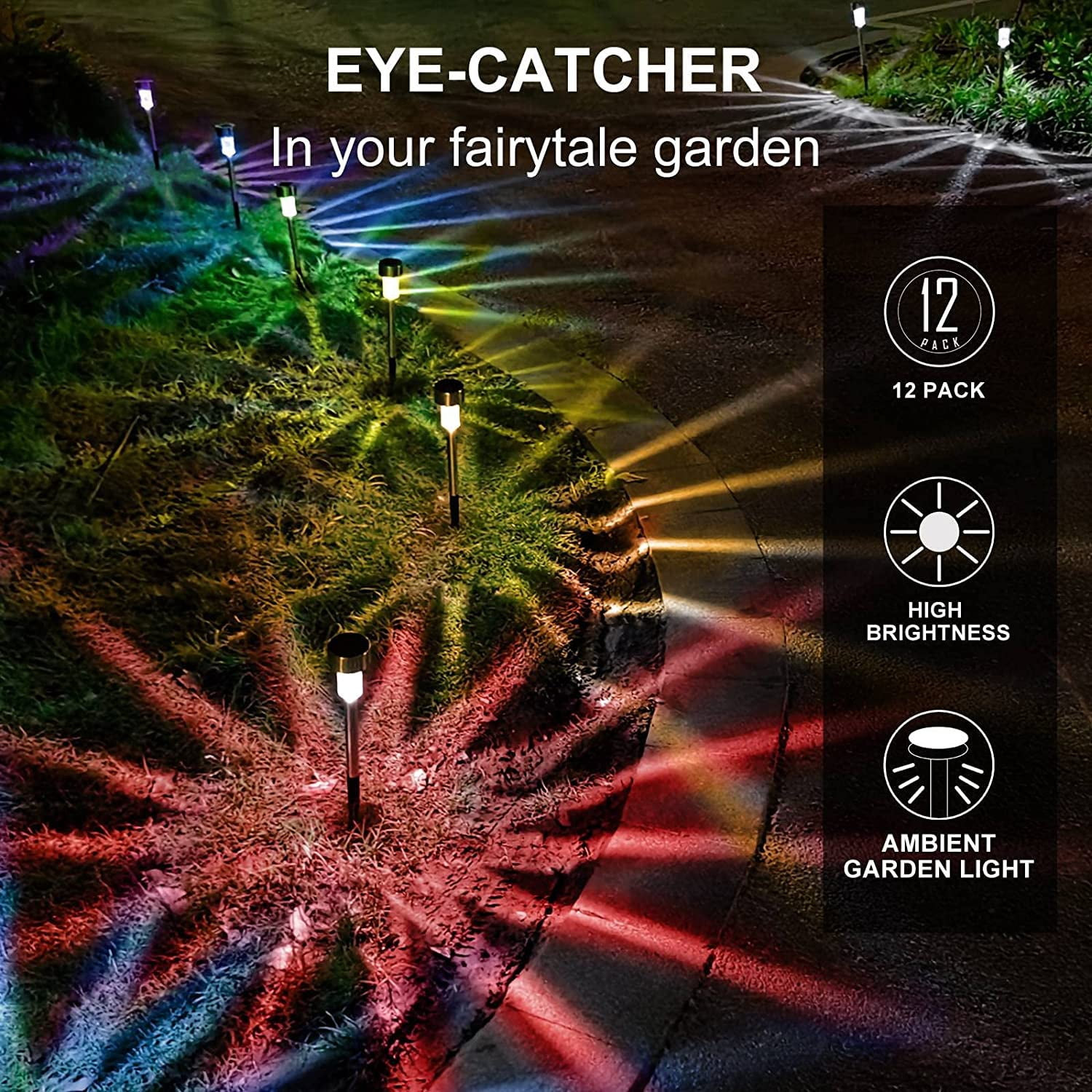 PUCACHI 12 Pack Outdoor Solar Lights Solar Landscape Lights, Stainless Steel LED Outdoor Lighting, Waterproof Garden Lights for Walkway, Terrace, Multicolor