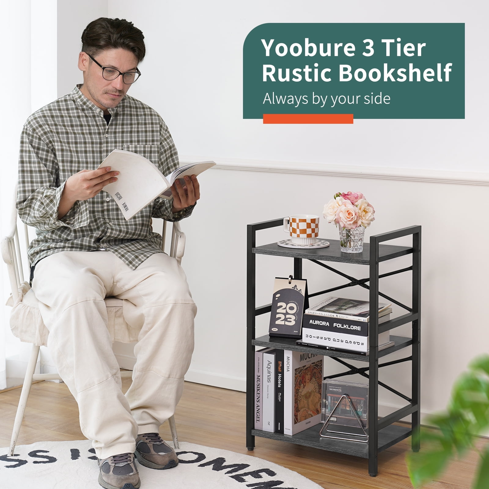 3 Tier Bookcase, Small Bookshelf Storage for Bedroom, Living Room, Office Home, Grey