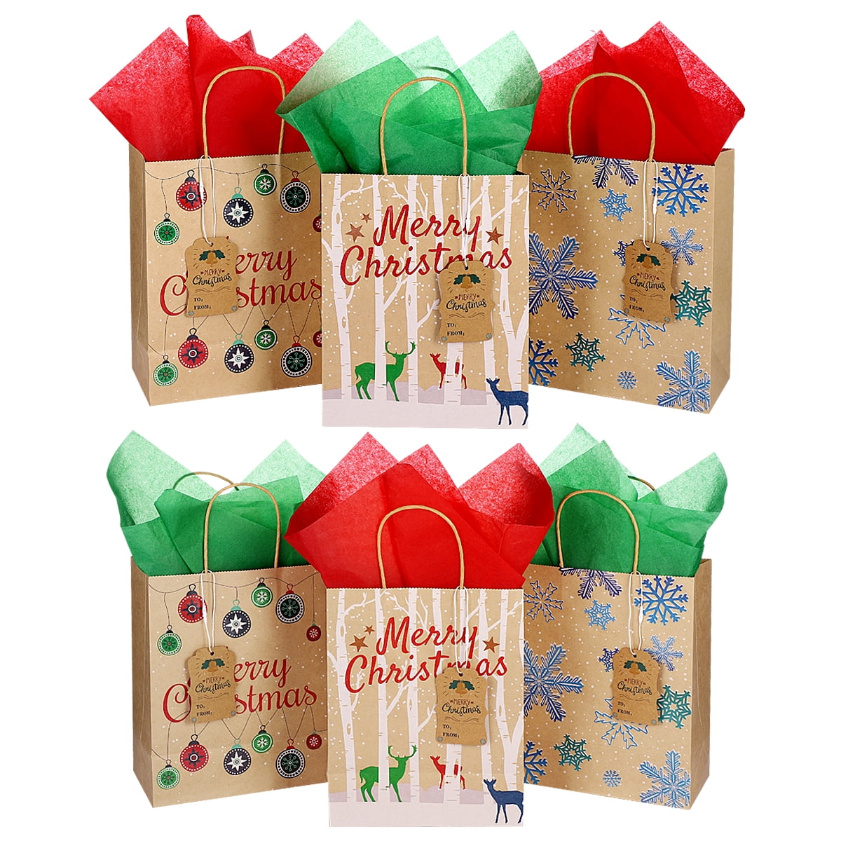 Uptotop Christmas Gift Bags 18 Pack Double-sided Design Christmas Paper Bags with 6 Different Patterns Xmas Kraft Bags for Holiday Party 