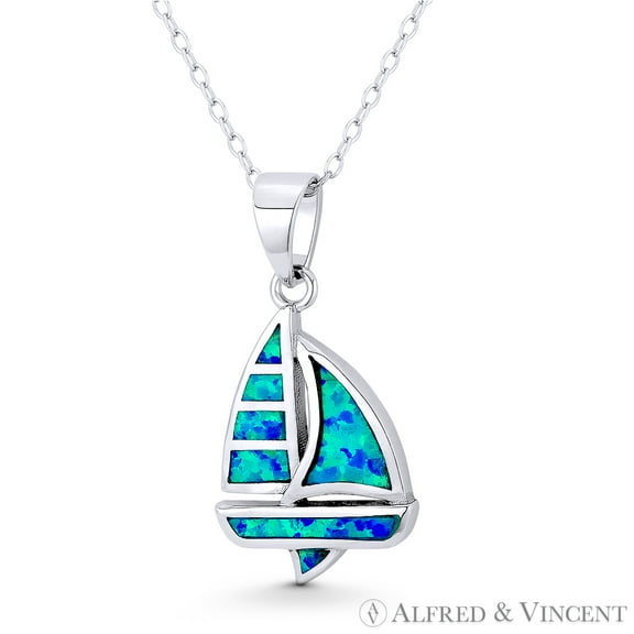 Longbow Sailboat Seafarer Charm Created Opal 28x14mm (1.1x0.6in) Pendant & Chain Necklace in .925 Sterling Silver w/ Rhodium