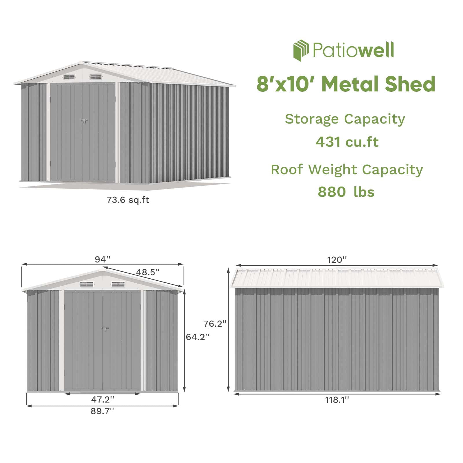 Patiowell 8' x 10' Outdoor Storage Shed, Metal Tool Shed with Lockable Doors for Garden, Backyard, Patio Use, Gray