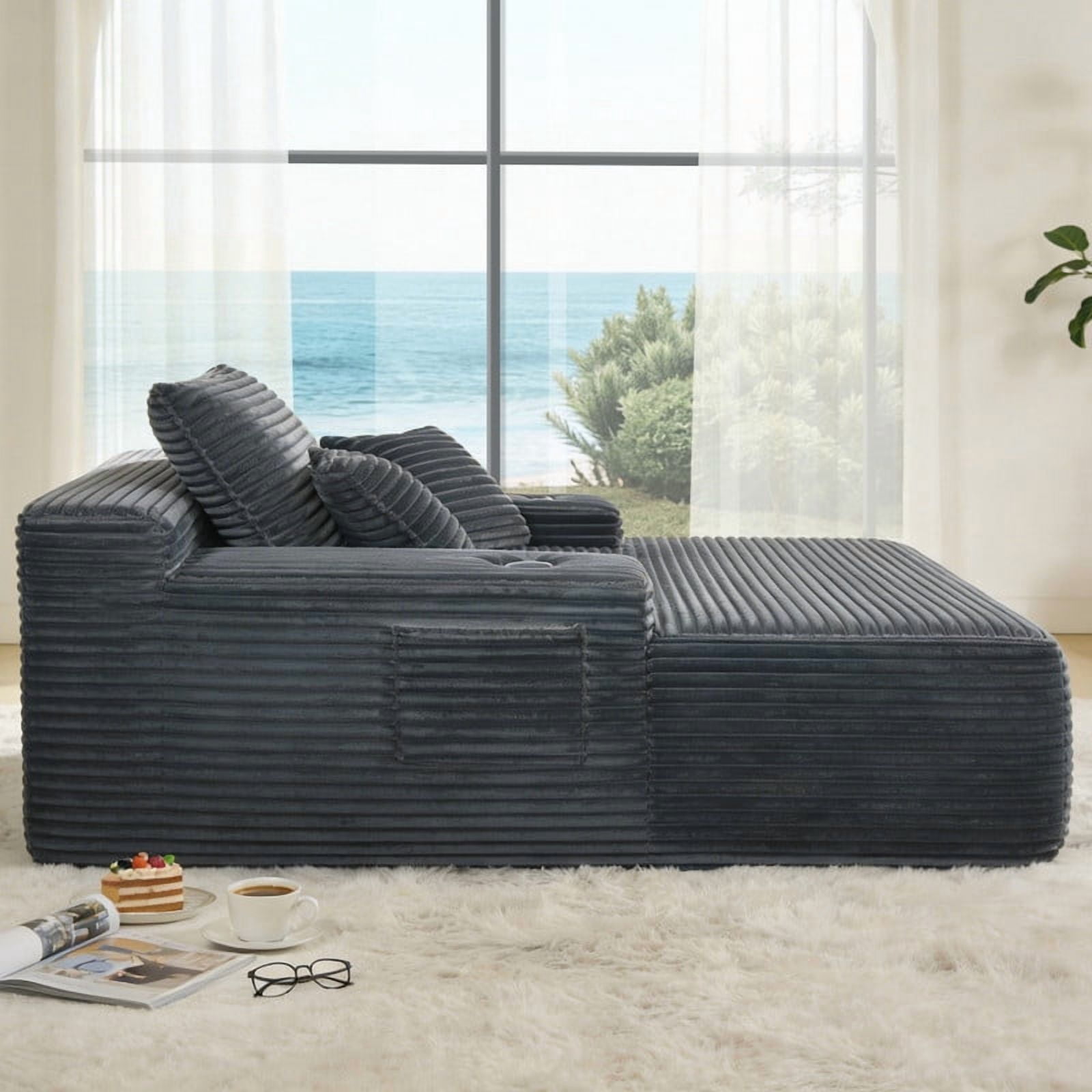 No-Assembly Chaise Lounge Armchair with Throw Pillows, Boneless Single Sleeper Sofa Bed with Cup Holder & Storage Pocket