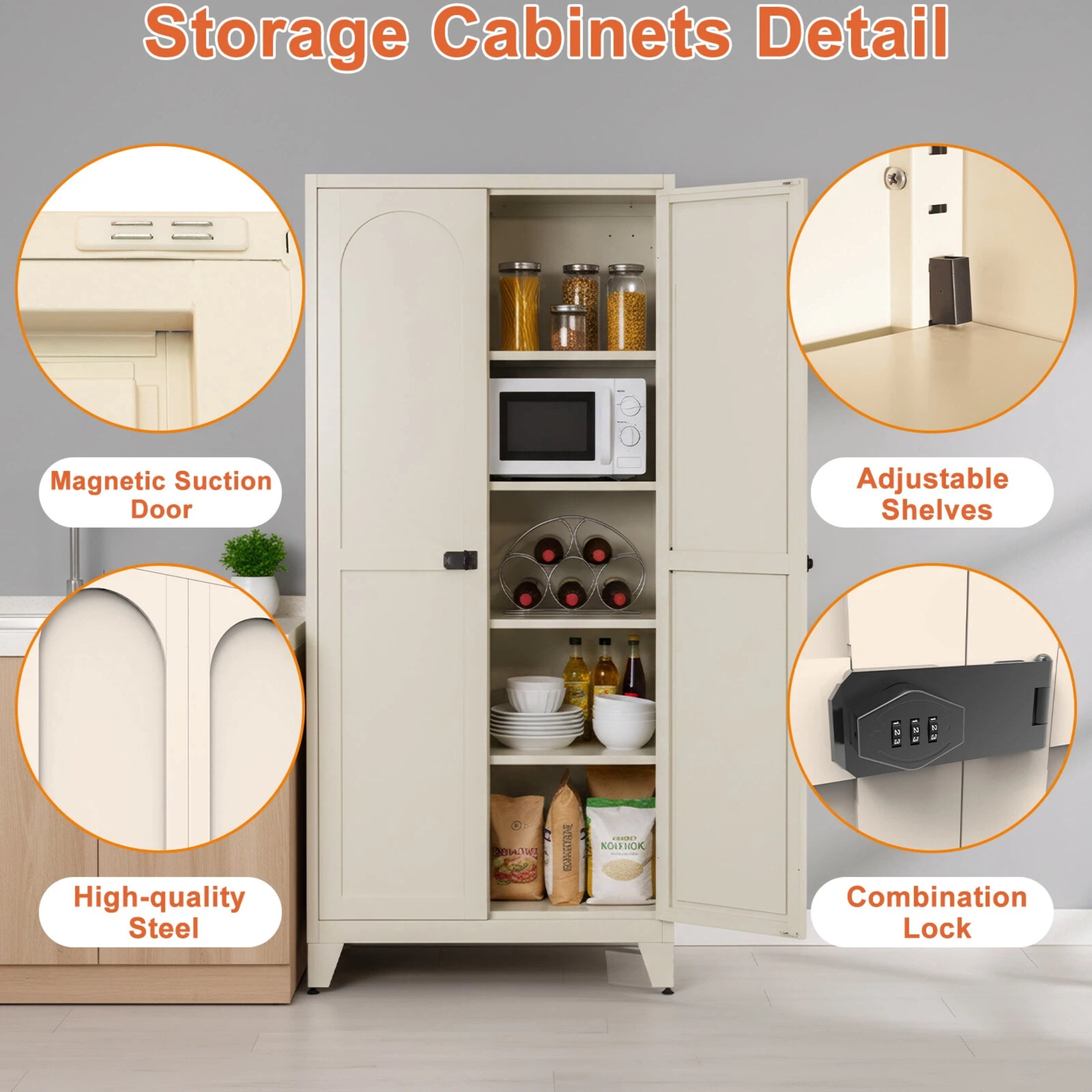AISWORD 71" Tall Metal Storage Cabinet with Adjustable Shelves, Lockable 2 Doors Steel Cabinet for Office, Garage, Utility Room, Kitchen Storage, Cream