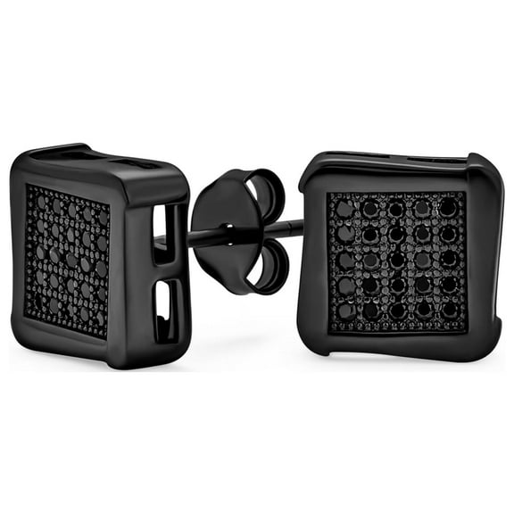 Bling Jewelry Mens Black  Square CZ Stud Earrings Men Silver