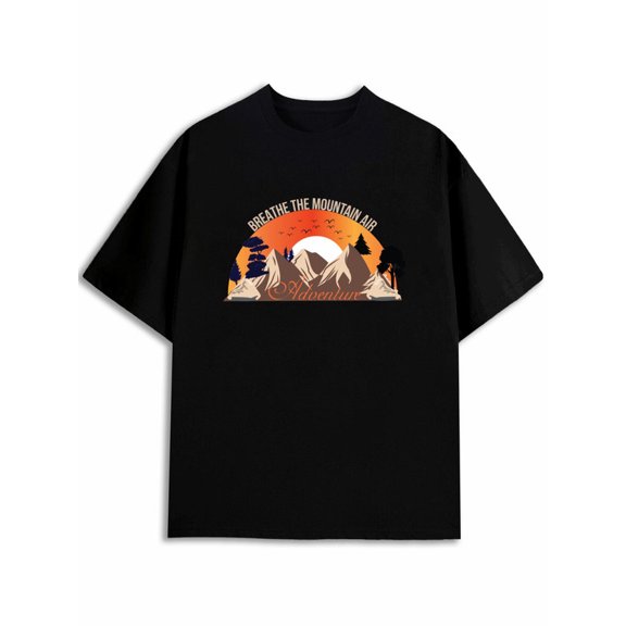 Greenink Vintage Mountain Sunrise Graphic Tee, Unisex Black Crew Neck Short Sleeve T-Shirt, Wilderness Forest Nature Print, Casual Daily Wear Outdoor Hiking Top