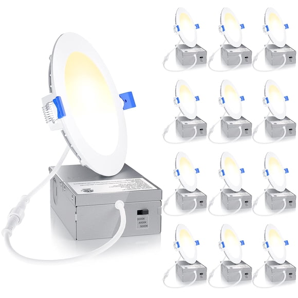 Ensenior Lumière Encastrée Slim Pot 4 Pouces LED avec Boîte de Jonction, 3000K/4000K/5000K Changeable, 9W 75W Eqv, Éclairage de Plafond Dimmable Isolé, 750LM Hig