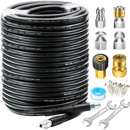 WANBIN 150FT Sewer Jetter Kit for Pressure Washer, 5800 PSI, 1/4" NPT, with Nozzle and Spanners