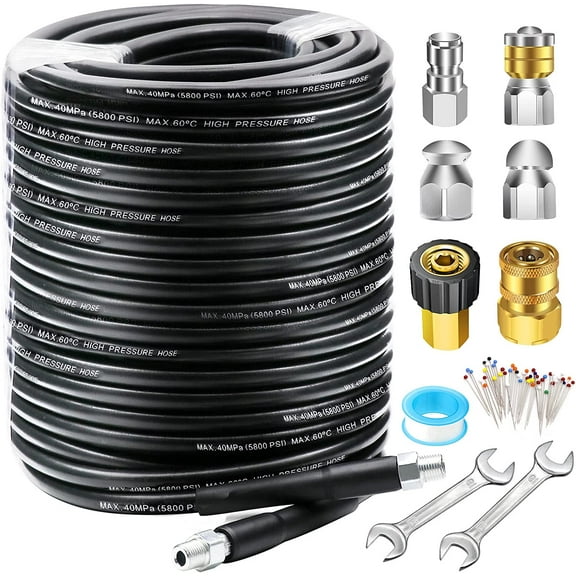 WANBIN 150FT Sewer Jetter Kit for Pressure Washer, 5800 PSI, 1/4" NPT, with Nozzle and Spanners