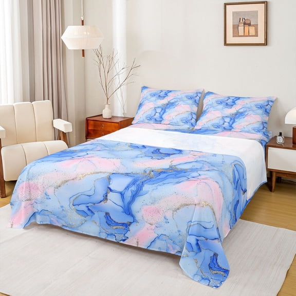 Homewish Marble Twin Sheets, Blue Pink Marbling 3-Piece Breathable Home Decor