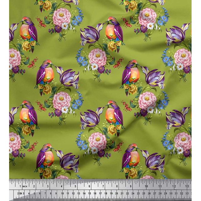 Soimoi Green Rayon Fabric Leaves,Floral & American Robin Bird Print Sewing Fabric BTY 56 Inch Wide
