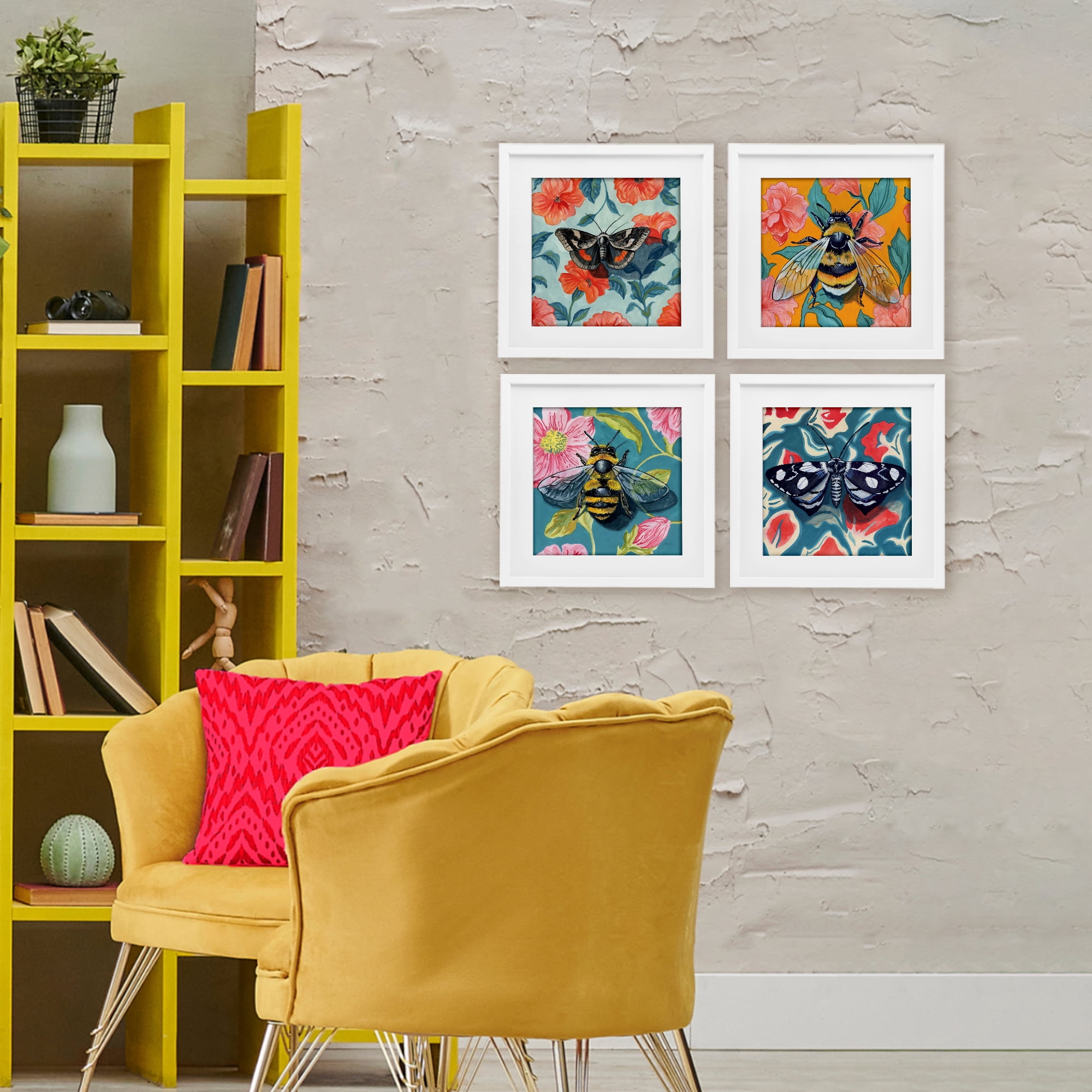 Stupell Industries Insects on Flower Patterns 4 Piece White Framed Print Under Glass Set, design by Kate Jarvik Birch