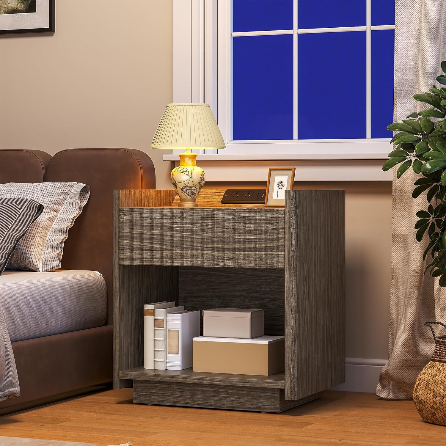 Winkalon Fluted Nightstands for Bedroom, Farmhouse Bedside Tables with Drawer & Open Shelf, Wood End Table for Living Room,Walnut