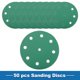 thumbnail image 3 of Discos de lijado de 5 pulgadas con 9 agujeros, grano 320, papel de lija redondo con gancho y lazo de óxido de aluminio verde, 50 piezas, 3 of 6