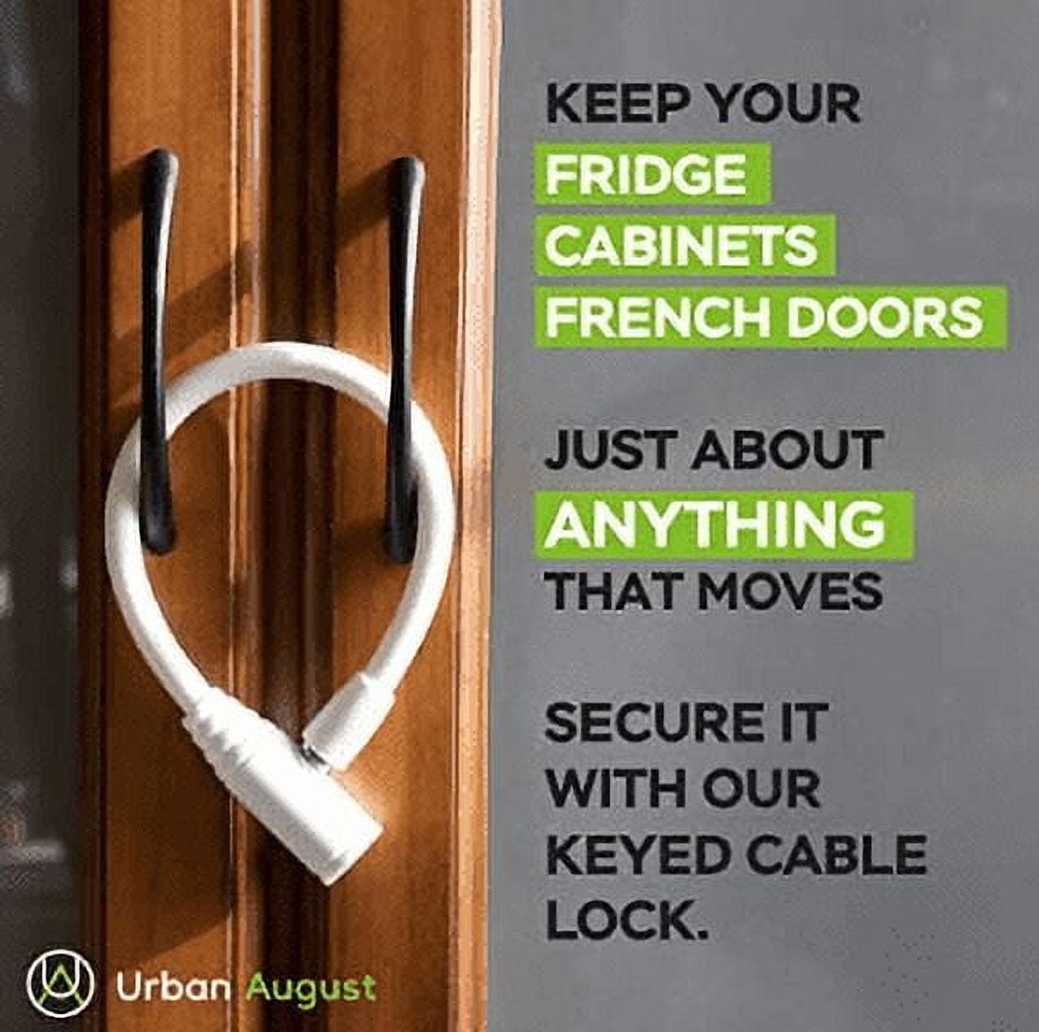 Urban August Fridge & Cabinet Cable Lock with Keys for Kids & Adults (Small, White - 2 Pack)