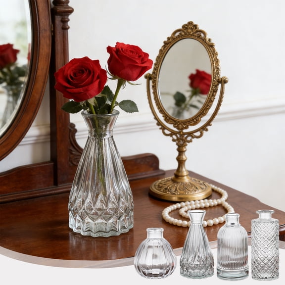 Aodebiao Small Glass Vase for Flower Arrangement, Clear Ribbed Decorative Bud Vase for Home Decor Centerpiece, Living Room, Bedroom, Office Tabletop Display