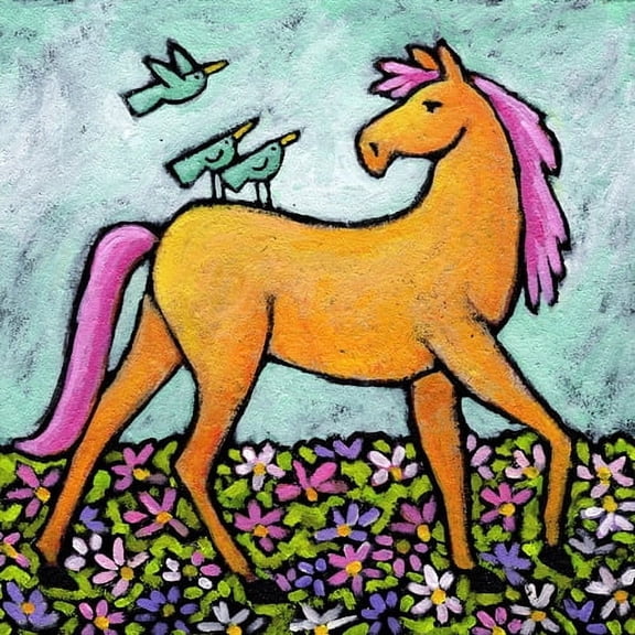 Marmont Hill "Bluebirds on Yellow Horse" by Janet Nelson Painting Print on Wrapped Canvas