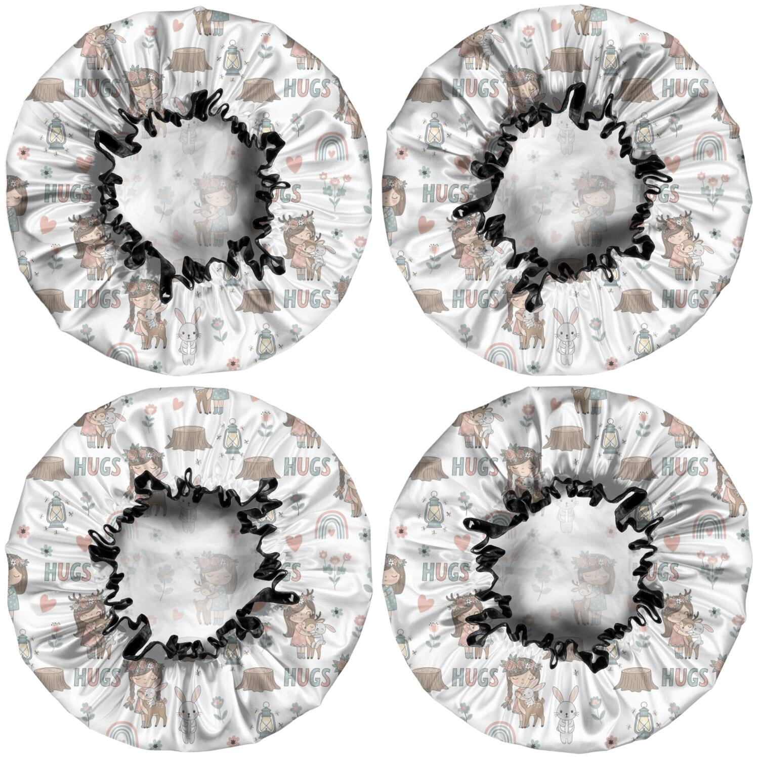 Shower Caps,White Forest Girl Pattern Waterproof Shower Cap for Women 4 Pieces,Double Reusable Hair Cover for Shower PEVA Elastic Stretch Hem