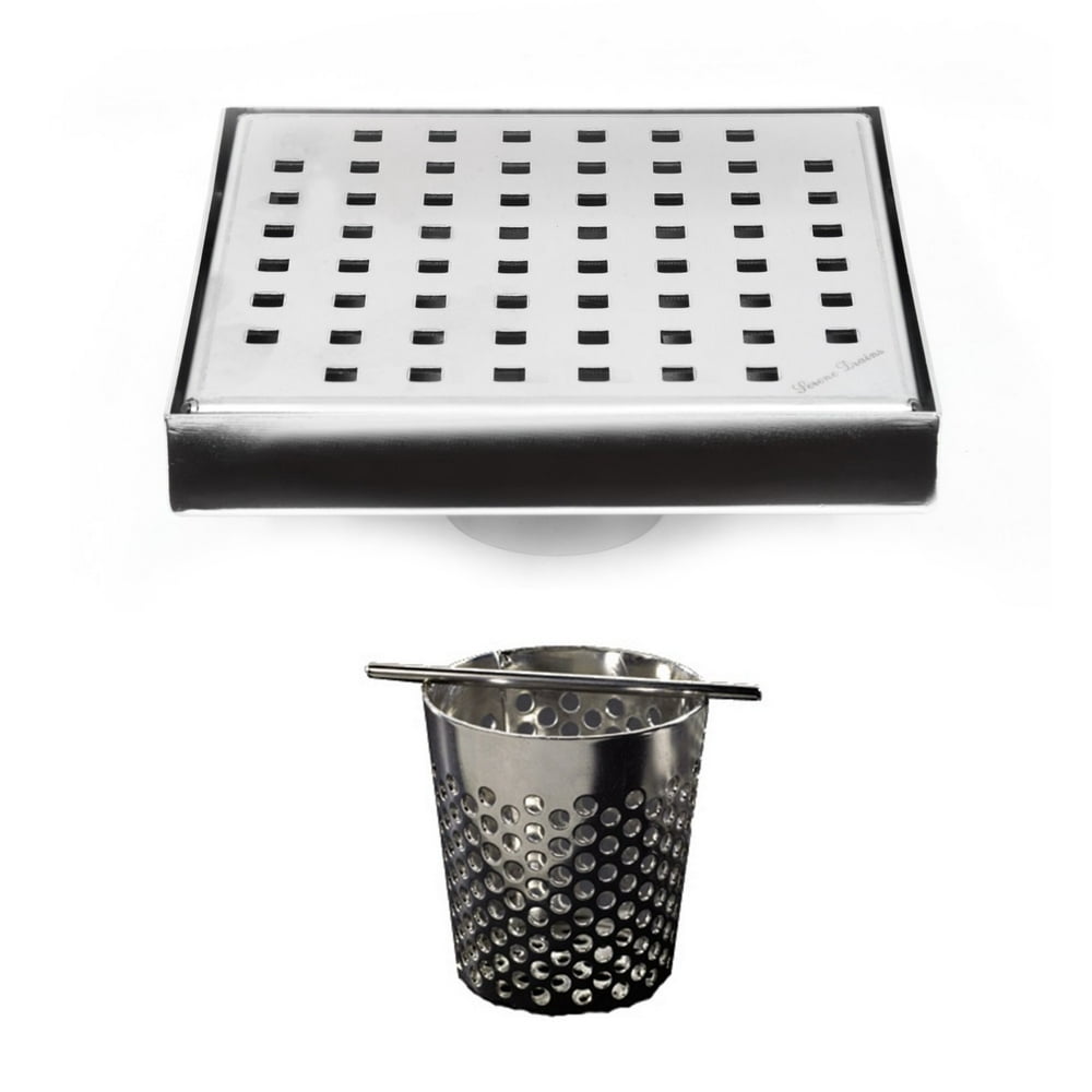 6 Inch Polished Stainless Steel Square Shower Drain with Hair Trap Set